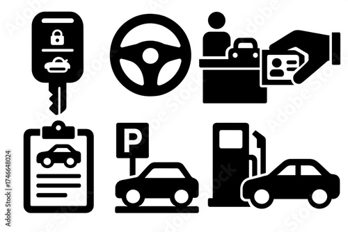 Brutalist Car Icon Set. Car key pickup silhouette set. car key fob, steering wheel, rental desk, ID card handover, clipboard form, parking lot, gas pump, car silhouette.