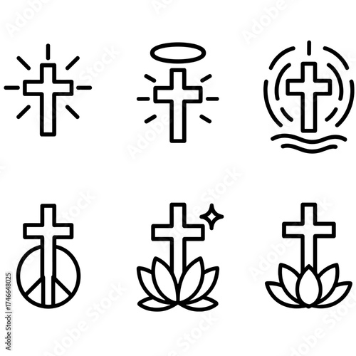 Radiant Cross Icons. Spiritual healing outline set. radiant cross, cross with light, cross with halo, cross with aura, cross with harmony wave, cross with lotus, cross with peace