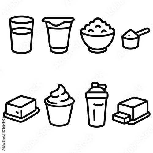 Dairy Protein Icons. Dairy proteins outline set. milk glass, yogurt cup, cottage cheese bowl, whey protein scoop, cream cheese, Greek yogurt, protein shake, butter.