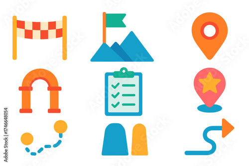 Iconic Journey Milestones. Checkpoint flat icon set. finish line, mountain peak flag, location pin, milestone stone, gate arch, checklist, waypoint star, arrow path.