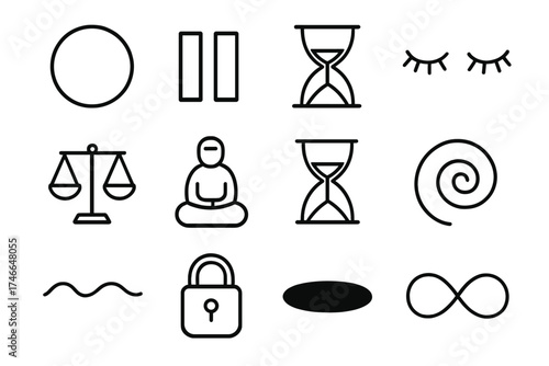Symbolic Stillness Icons. Symbolic stillness outline set. empty circle, pause button, sand timer, closed eyes, balanced scales, stone statue, hourglass, spiral, abstract line