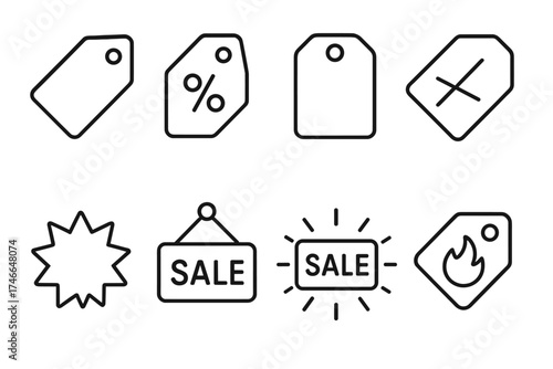 Sale Tags Icons. Sale tags outline set. discount tag, percent-off tag, clearance tag, slashed price tag, starburst tag, weekend deal tag, flashing SALE tag, hot deal tag.