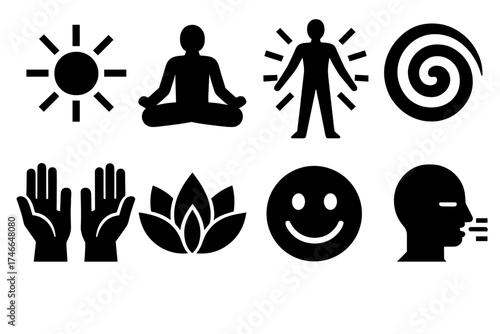 Inner Vitality Icons. Inner Vitality silhouette set. glowing core, meditating figure, radiant aura, spiral energy, lotus flower, uplifted hands, smiling face, steady breath.