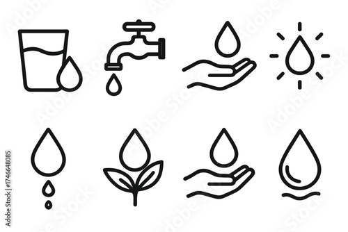 Hydration Icon Set. Hydration icon outline set. glass with drop, faucet with droplet, hand with water drop, glowing dew, dripping symbol, eco water, drop in palm, flowing bead.