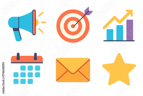 Vibrant Marketing Icons. Marketing outreach flat icon set. megaphone, target, chart, calendar, envelope, star.