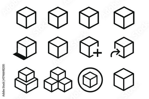 Cube Variations Icons. Instance Basics outline set. single cube, duplicate cubes, highlighted cube, cube with shadow, cube with plus sign, cube with copy arrow, layered cubes