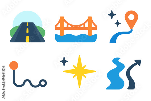 Modern Navigation Icons. Navigation flat icon set. open road, bridge, constellation, waypoint dot, timeline path, guiding star, river, path arrows.