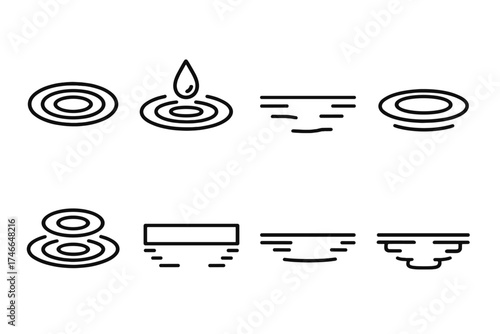 Tranquil Water Ripples. Silent water outline set. circular ripples, undisturbed lake, glowing droplet, calm horizon, still pond, smooth wave, serene pool, clear reflection.