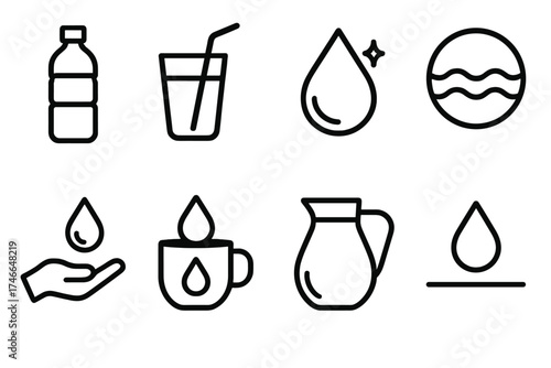 Hydration Icons Design. Healthy hydration outline set. tall water bottle, drinking straw in glass, glowing droplet, waves in circle, hand with droplet, droplet in cup, water jug