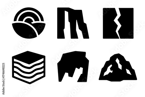 Brutalist Icon Set. Crust silhouette set. outer shell, cliff face, fissure line, sediment layers, continental block, rugged hill.