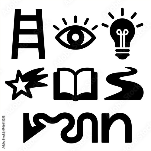 Visionary Icons Collection. Visionary dreaming silhouette set. ladder, open eye, light bulb, shooting star, book, path.