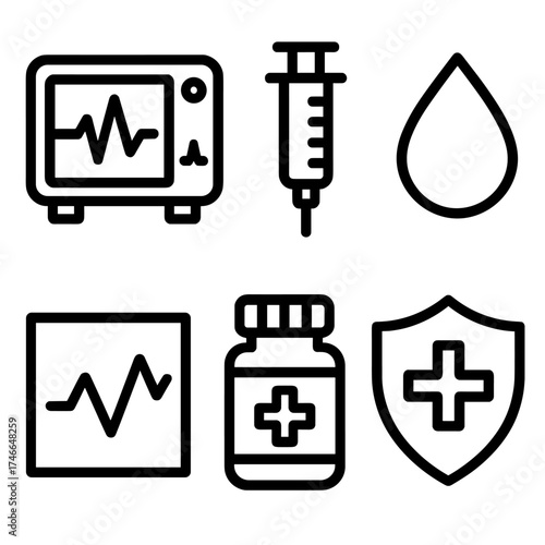 Health Symbols Overview. Health check outline set. pulse monitor, syringe icon, blood drop, wellness chart, pill bottle, protective shield