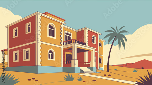 Colorful Vector Illustration of a Building in Desert Landscape.
