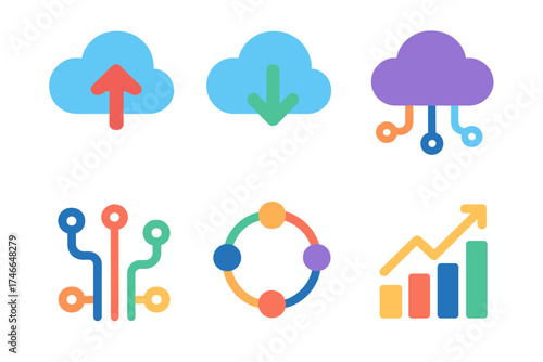 Multicloud Data Flow Icons. Data flow multicloud flat icon set. cloud, upload arrow, download arrow, circuit, nodes, chart.