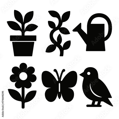 Bold Garden Icons. Garden sunroom silhouette set. potted plant, vine, watering can, flower, butterfly, bird.