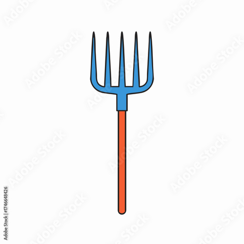 Cartoon-style blue pitchfork with five tines and orange handle illustration