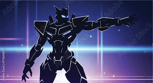 Futuristic robot hero with glowing blue eyes strikes a dramatic pose against a vibrant, cosmic background
