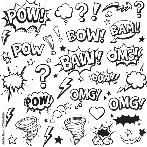 Comic Book Sound Effects And Graphic Elements Design In Black And White Creating An Isolated Set Of Cartoon Speech Bubbles For Creative Projects