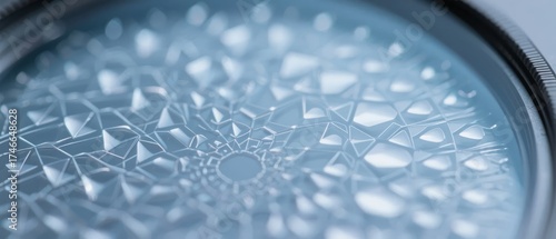 Close-up view of a textured glass surface with geometric patterns and light refraction