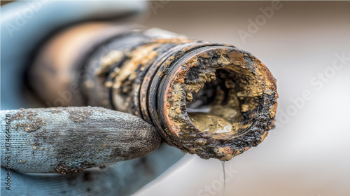 Close-up of a clogged plastic drain pipe held by a gloved hand, with a finger pointing to heavy buildup inside. Concept of blocked drain, limescale/grease deposits, plumbing problem, home maintenance.