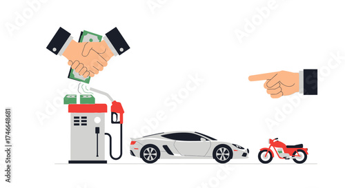 Handshake with money over gas pump with car and motorcycle. Vector Illustrations. EPS Editable