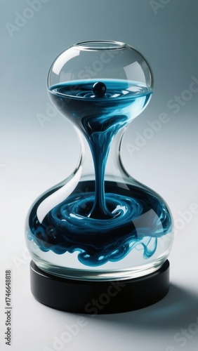 Glass vessel with swirling blue liquid and floating sphere