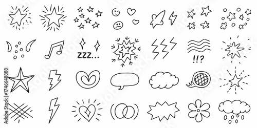 Collection of hand drawn doodle icons and symbols including stars lightning bolts hearts clouds and speech bubbles