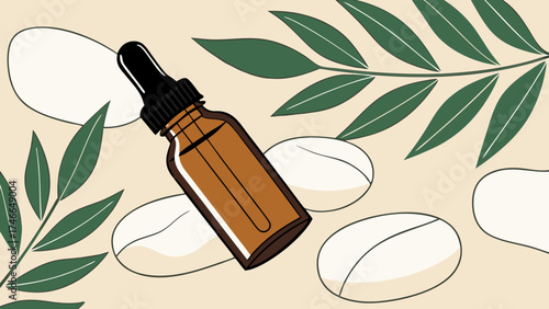 Essential Oil Bottle with Leaves and Stones Natural Cosmetic Product Illustration.