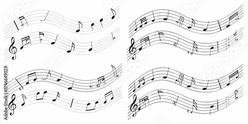 Abstract wavy musical staff lines with various black and gray musical notes and symbols on a white background