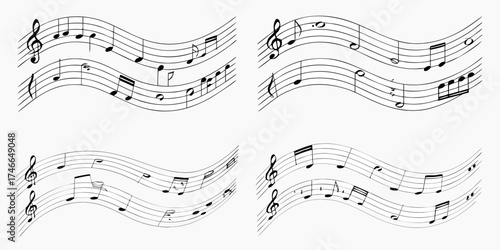 Wavy musical staff lines with black notes and clefs on a white background