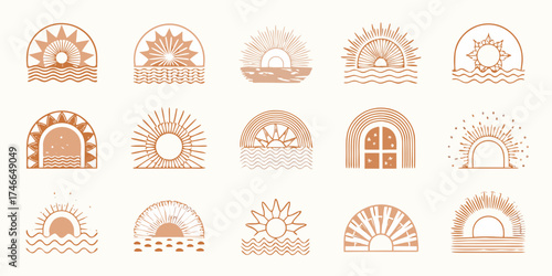 Collection of boho style sun and wave icons in earth tones for design elements