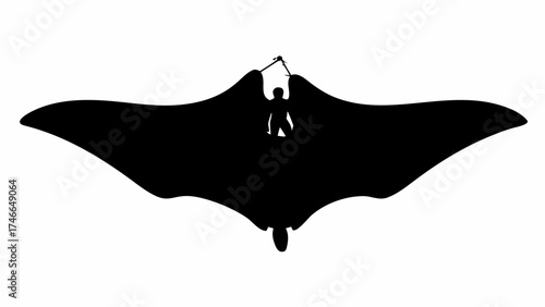 Dramatic diver silhouette swimming with manta ray in ocean depths, powerful marine life adventure