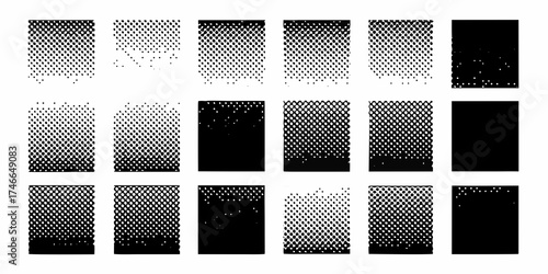 Collection of halftone dot patterns showing gradual fades and solid black blocks