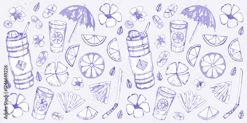 Hand drawn summer tropical drinks with citrus slices and flowers on a light purple background
