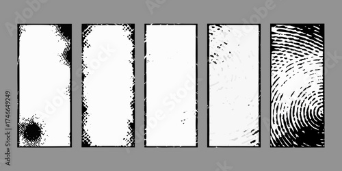 Set of five vertical grunge textures and frames with halftone and fingerprint patterns