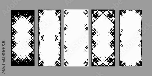 Set of five abstract vertical frames with distressed black and white grunge textures and a central white space