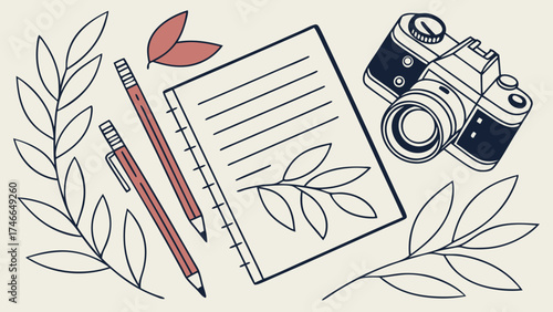 Flatlay Illustration of Notebook Camera and Stationery with Botanical Elements.