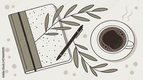 Flatlay illustration of notebook pen coffee cup and leaves minimalist design neutral colors.