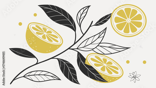 Floral Lemon Illustration on Neutral Background.