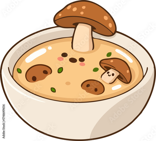Kawaii Mushroom Soup Vector – Cute Cartoon Bowl with Smiling Mushrooms and Sparkling Pastel Background Isolated Clipart