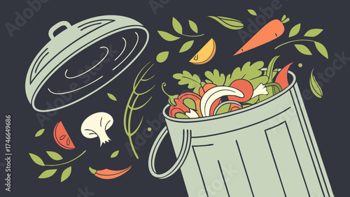 Food Waste in Trash Can Vegetables and Herbs Illustration Compost Bin Concept.