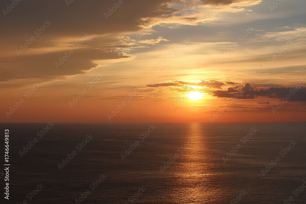Fototapeta premium Dramatic Sunset Over Calm Ocean Waters With Golden Hues and Cloudscape Reflections