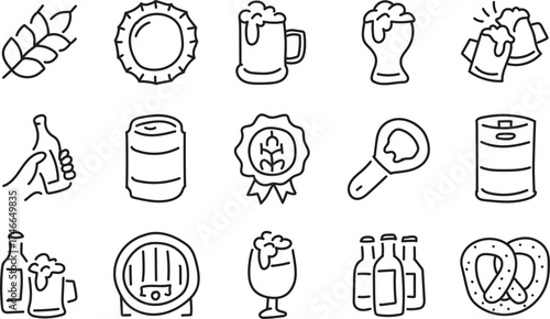 Hand Drawn Beer Line Icons Set – Brewery, Drink, Alcohol, and Pub Outline Vector Illustration