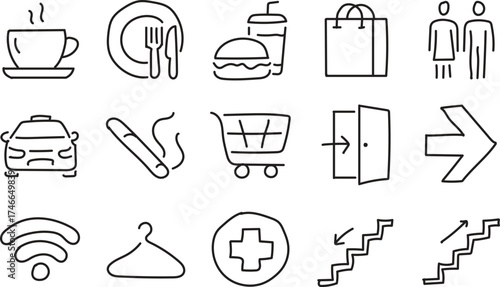 Hand Drawn Public Facility Line Icons Set – Restaurant, Shopping, Transport, and Service Outline Vector Illustration