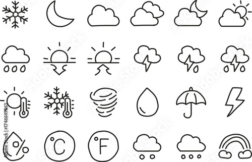 Hand Drawn Weather Line Icons Set – Climate, Forecast, Temperature, and Nature Outline Vector Illustration