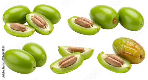 Close-up of fresh green jojoba seeds with open and closed nuts isolated on white background, perfect for natural skincare and cosmetic product promotions