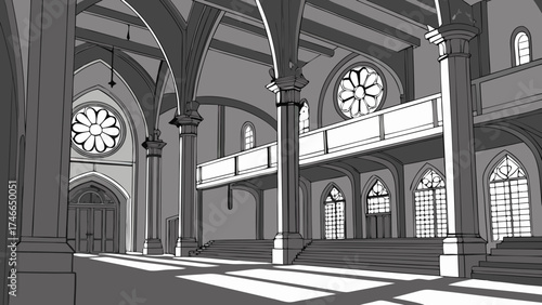 Gothic Architecture Interior Cathedral Church Hall Grand Hall Medieval Building High Ceiling Stone Columns Archways Large Windows Religious Building Interior Ancient Architecture Histo.
