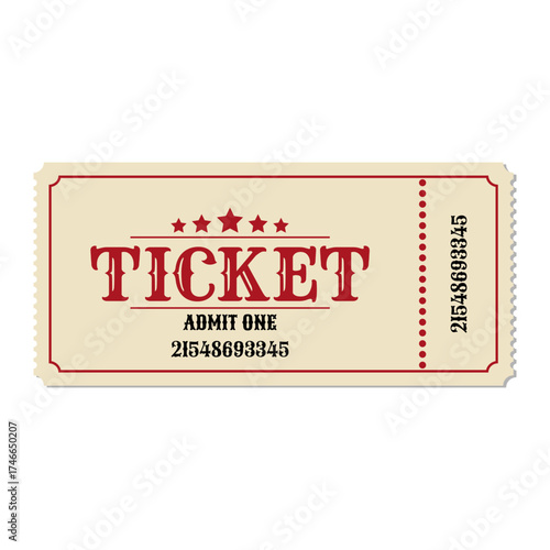 Vintage admission ticket with red typography and stars on beige background, classic retro style admit one coupon for cinema, event, concert, or theater entry isolated on white