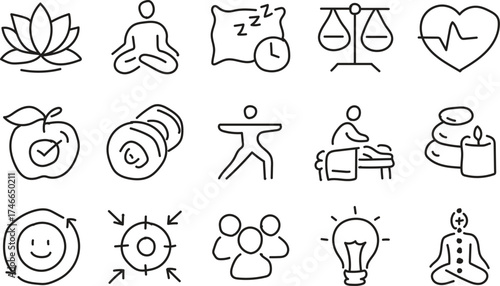 Hand Drawn Wellness Line Icons Set – Meditation, Fitness, Health, and Mindfulness Outline Vector Illustration