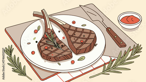 Grilled lamb chops with herbs spices and sauce illustration.